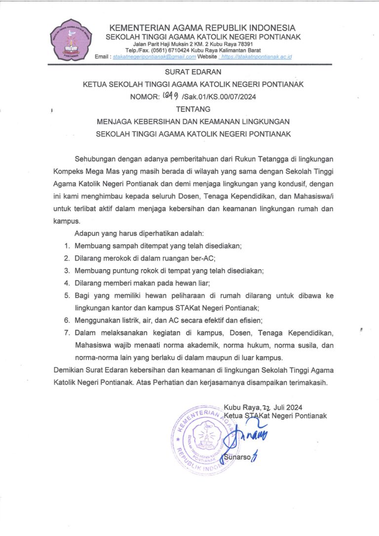 Surat Edaran Tentang Menjaga Kebersihan dan Keamanan Lingkungan Sekolah Tinggi Agama Katolik Negeri Pontianak